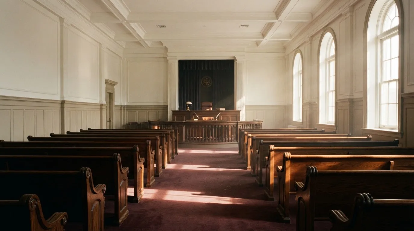 An empty courtroom with wooden benches in morning light