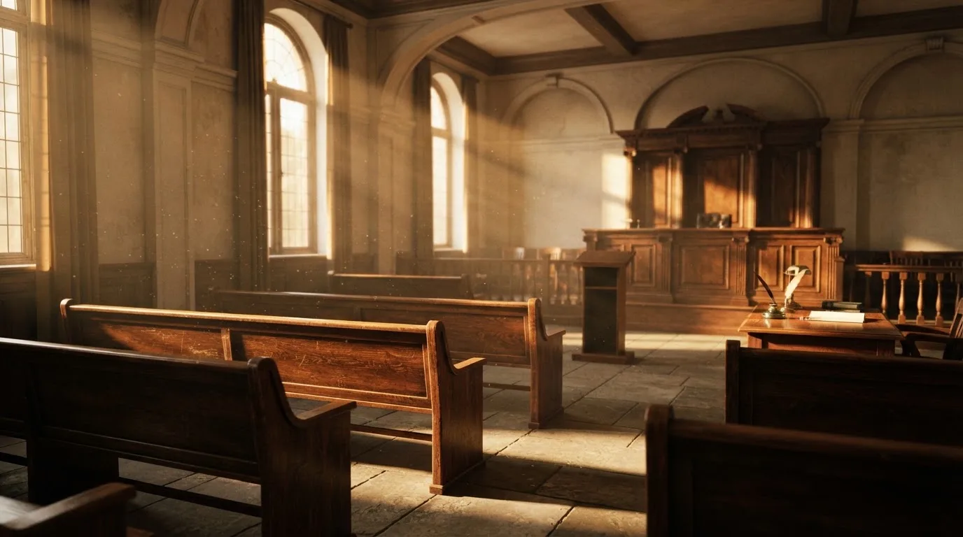 An empty courtroom with wooden benches in morning light