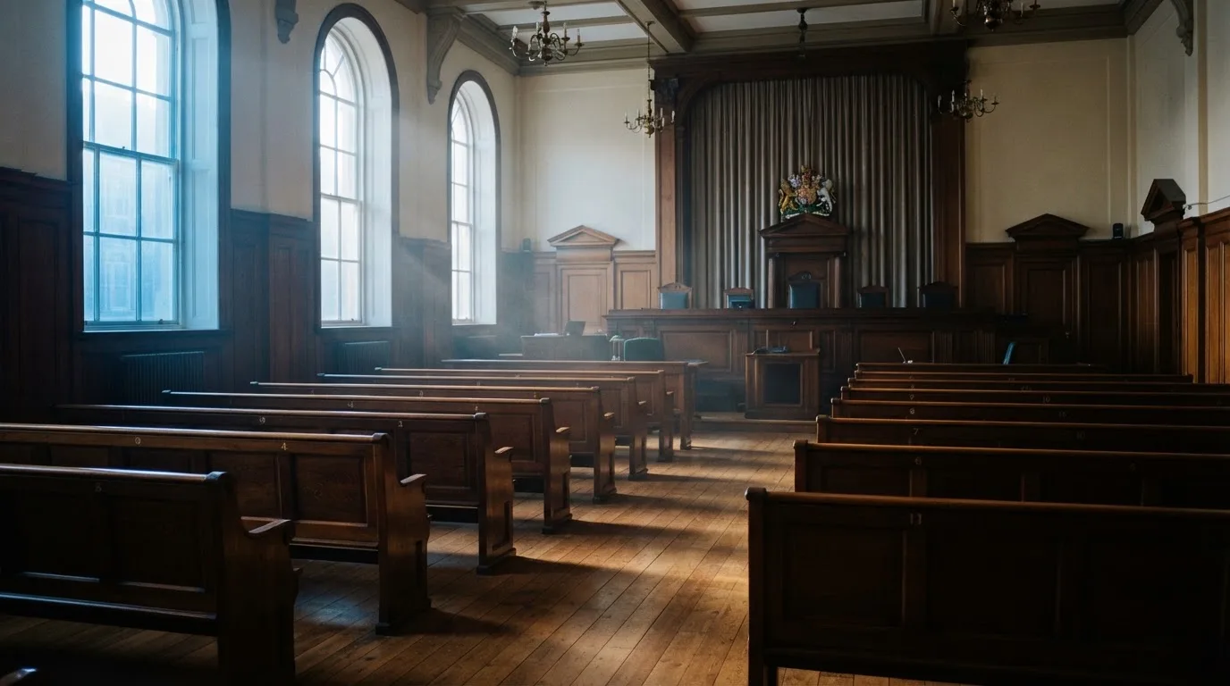 An empty courtroom with wooden benches in morning light