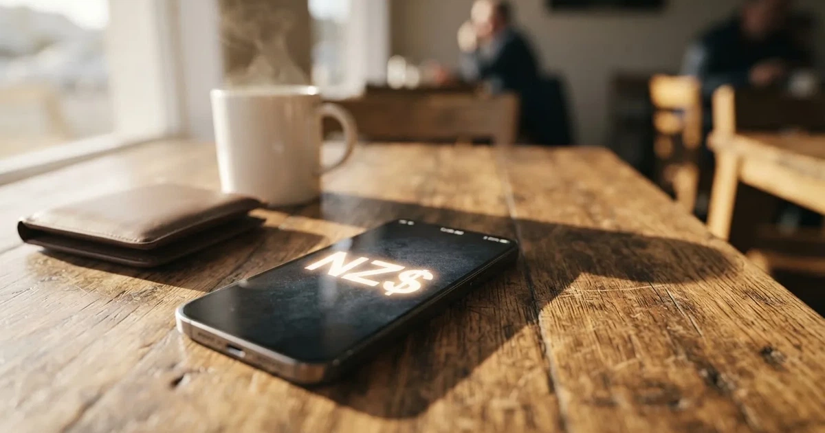 A smartphone on a wooden table beside a wallet and a coffee cup