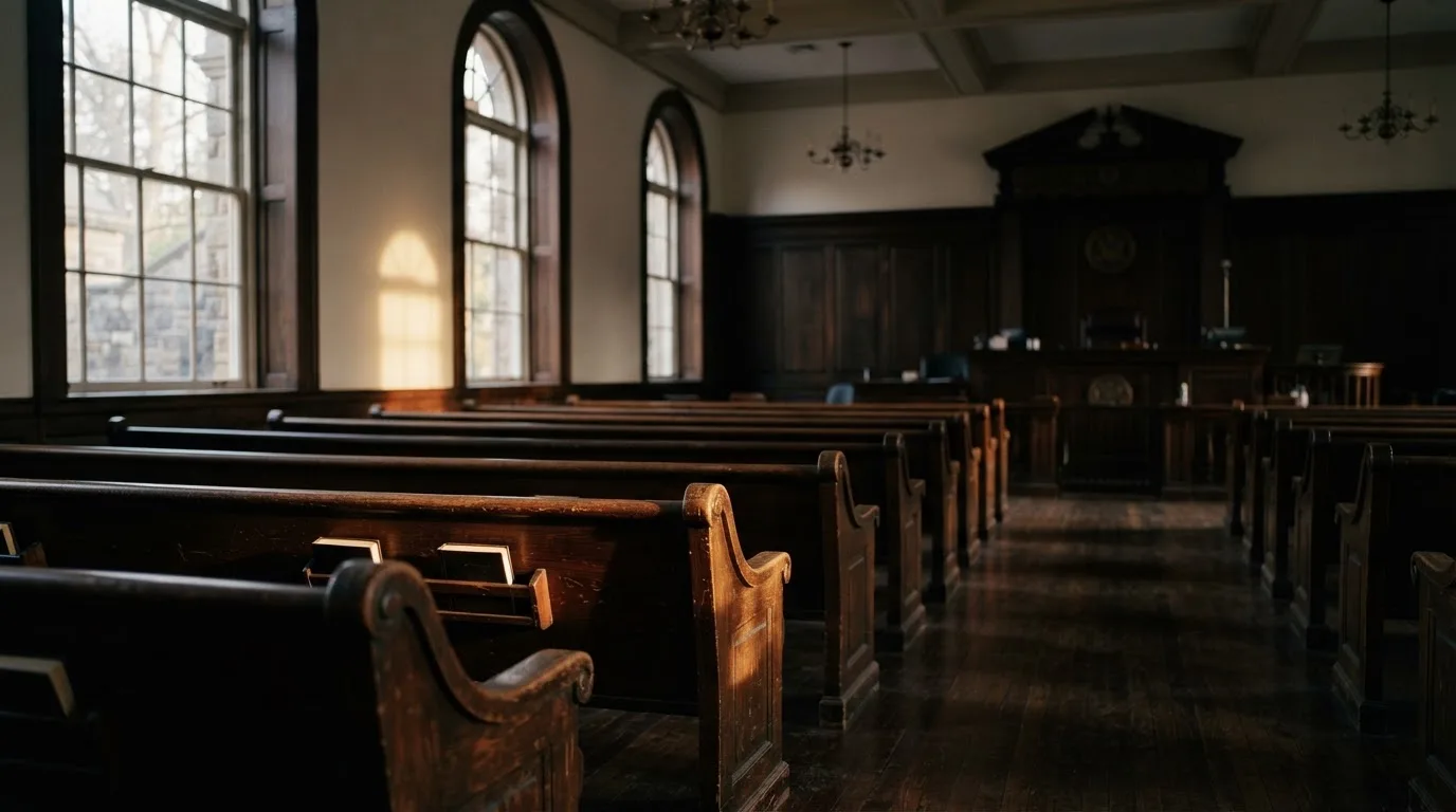 An empty courtroom with wooden benches in morning light